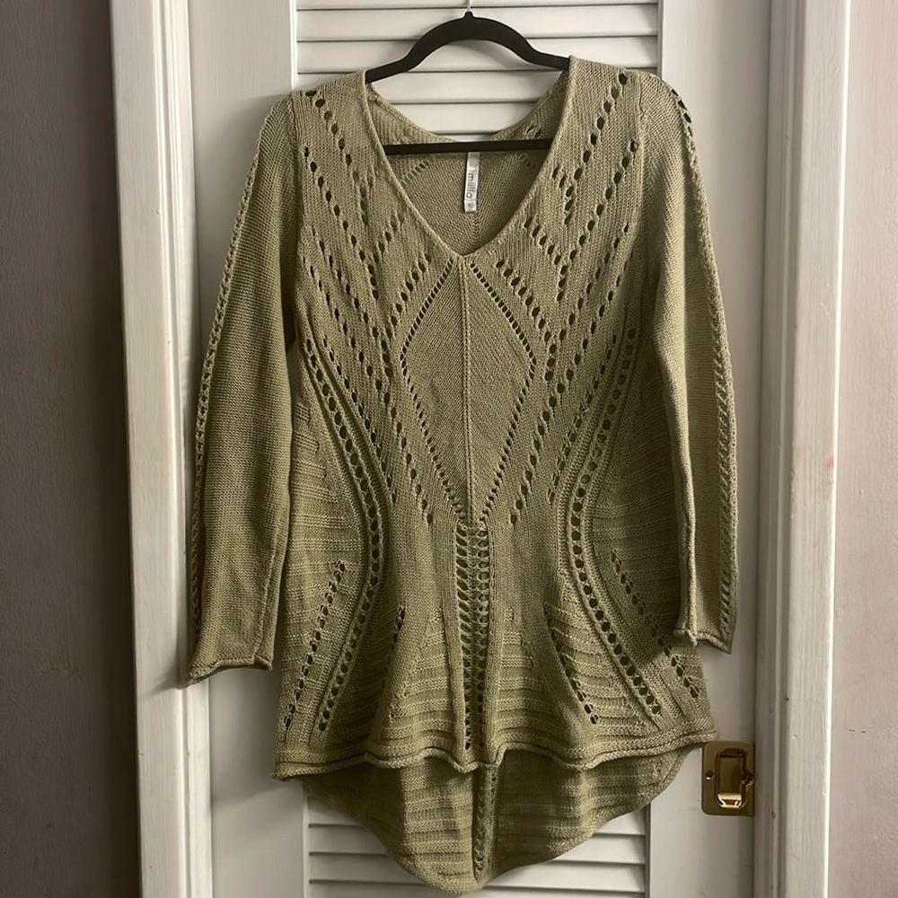 Miilla Intricately Crocheted,Hi-Low A-Line Sweater in Olive Green, Size Small - Picture 1 of 5